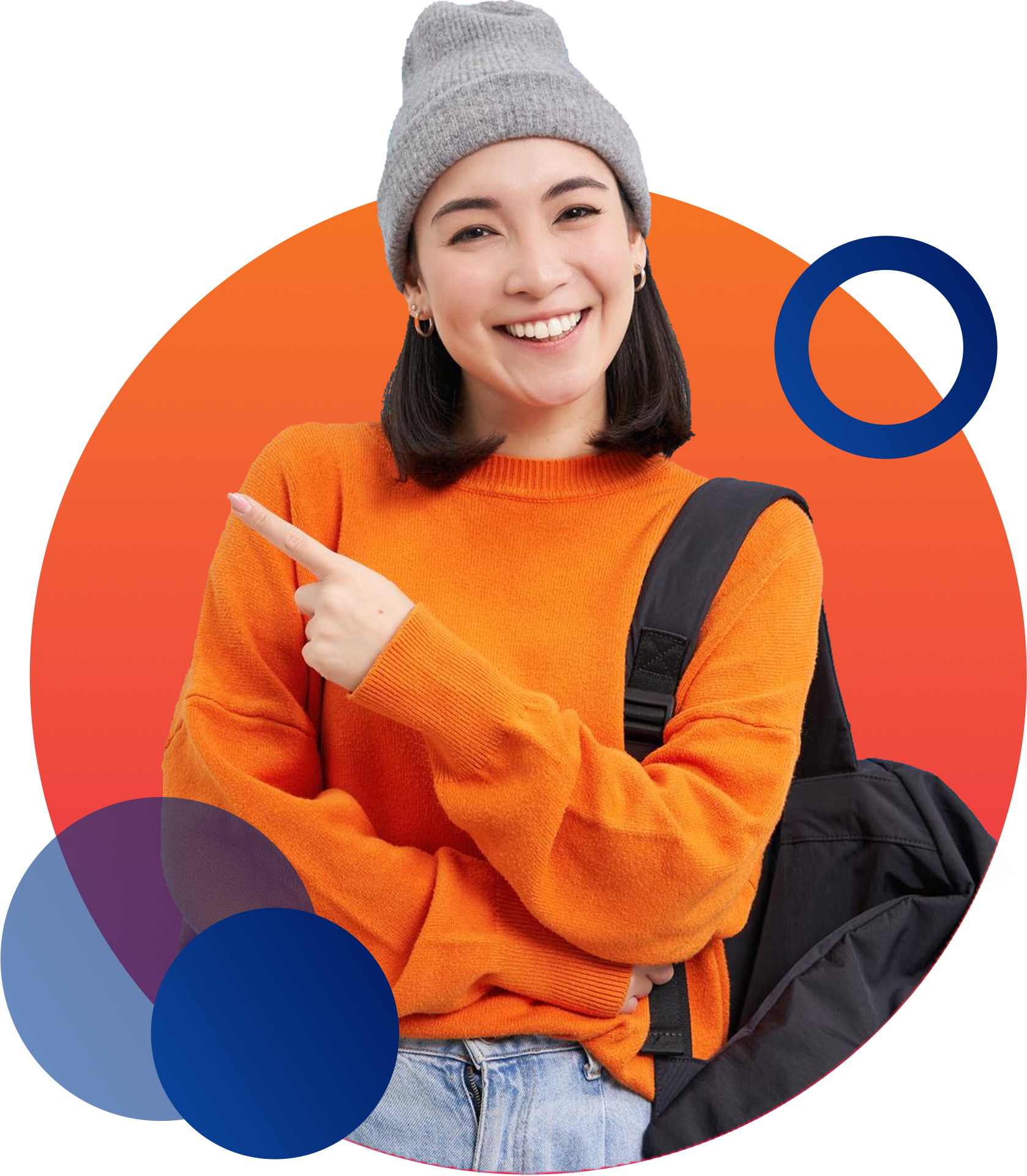 Smiling international student pointing toward Optimus Global study abroad guidance